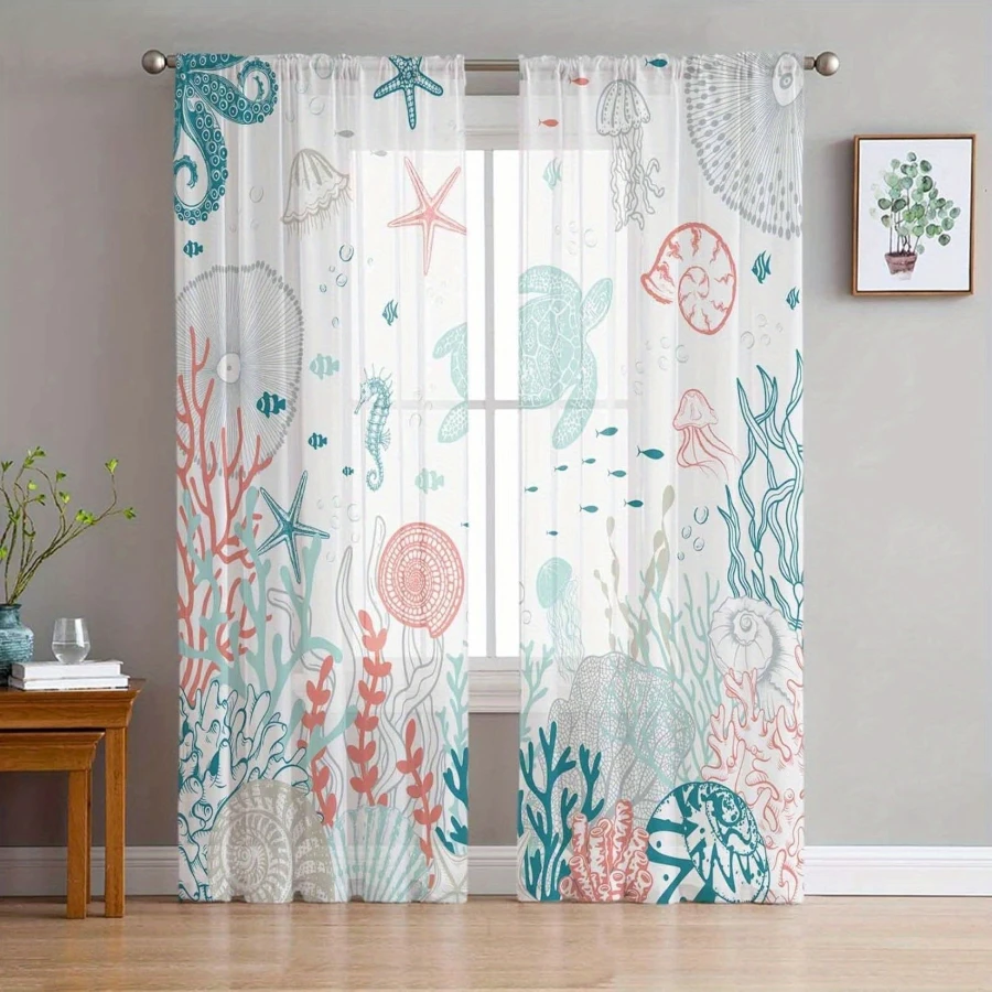 2PCS Digital Printed Sheer Curtain, Summer Ocean Sea Theme, Coastal Beach Nautical Vacation for Living Room Bedroom Home Decor - view 4