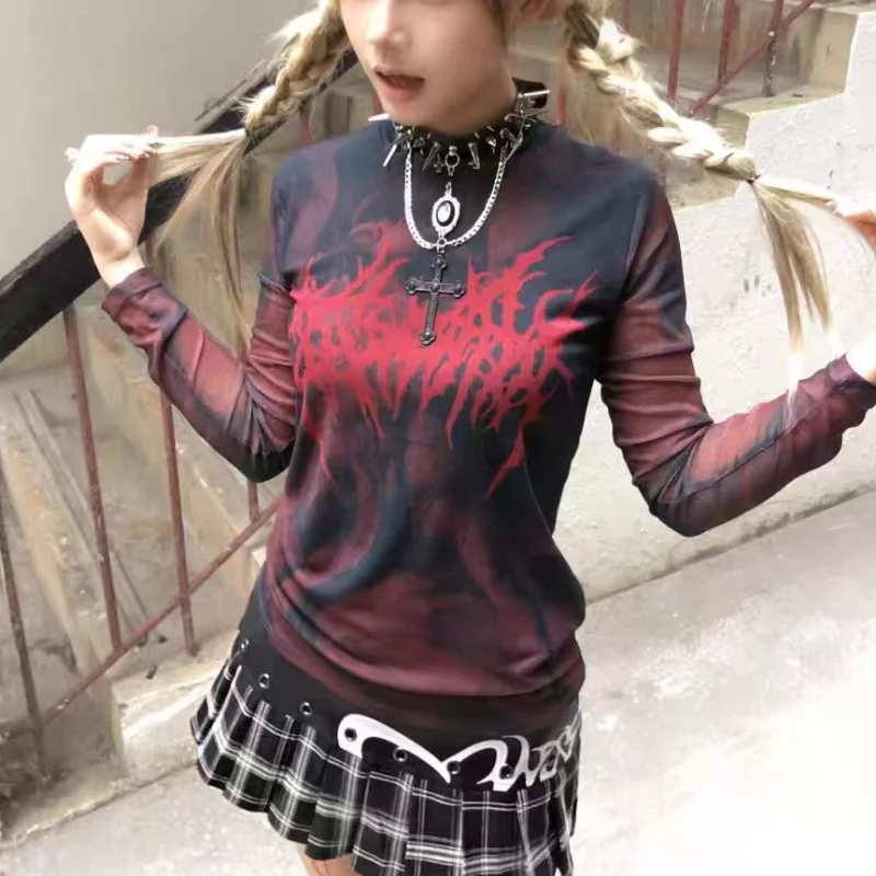 Grunge Ästhetik Druck T-shirt Vintage Gothic Red Mesh Streetwear Frauen Top Y2k Langarm Sheer Tops Punk – Detail 8