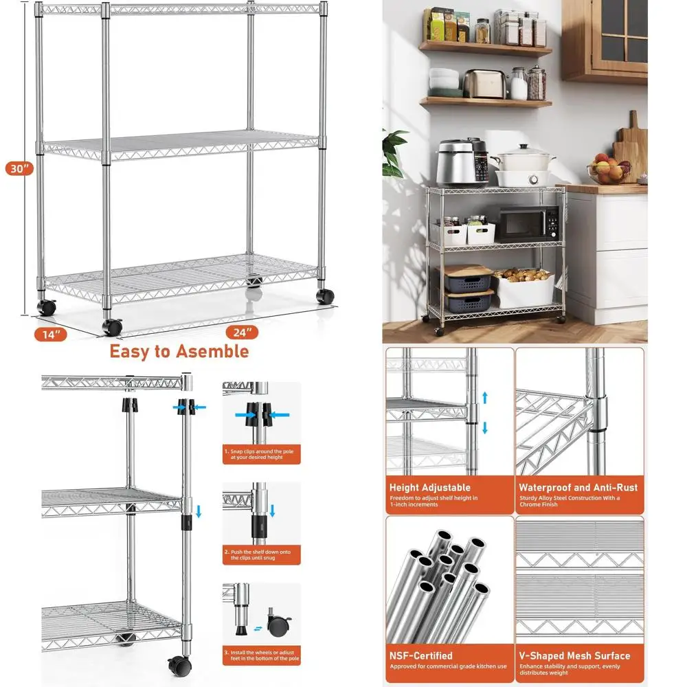 

2-Piece Chrome Heavy-Duty 3-Tier Shelving, 750 lbs Capacity, 24 Deep x 14 Wide x 30 High with Wheels