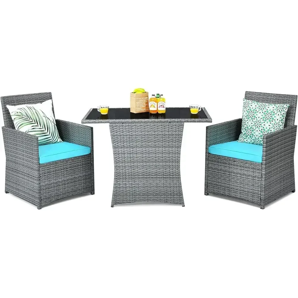 Space-Saving Outdoor Bistro Set with Glass Top Table and Cushioned Chairs for Patio, Garden, Backyard, Poolside, Porch