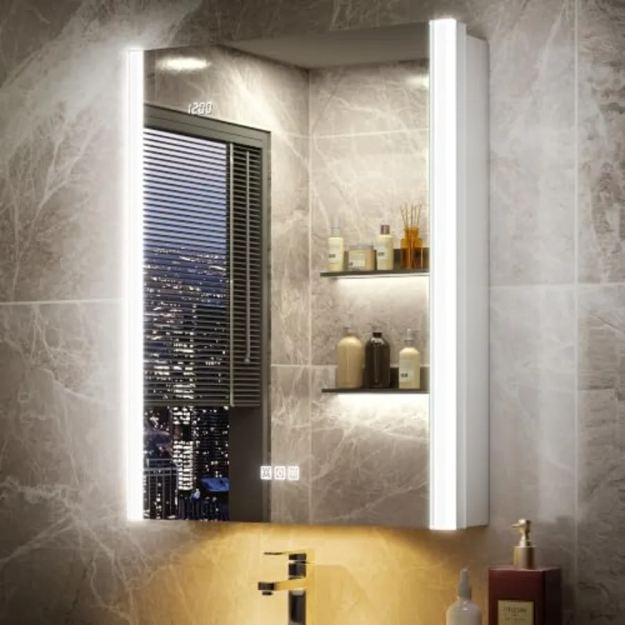 Bathroom medicine cabinet mirror with LED lights, fogless dimmable glass, white finish, smart night lamp, built-in sensor light