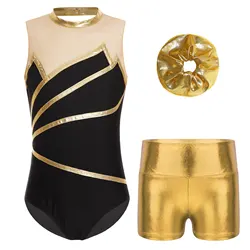 Kids Girls Sports Set Sleeveless Ballet Gymnastics Leotard with Metallic Shorts Hair Band for Ice Skating Workout Performance