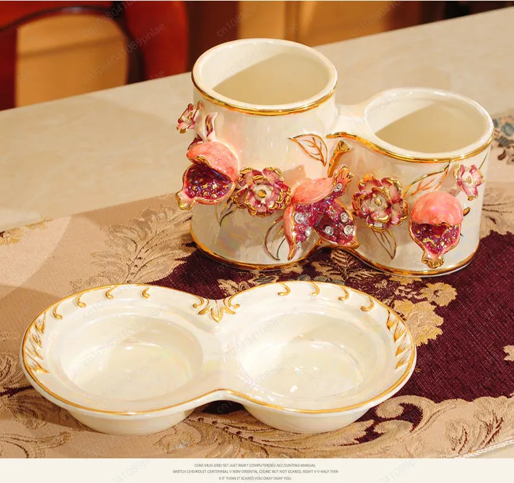 Compartment Embossed Ceramic Cutlery Holder Gold Trim Pomegranate Decor With Drain Tray Kitchen Counter Chopstick Storage Rack