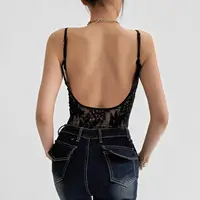 Sexy See Through Lace With Lining Backless Spaghetti Strap Bodysuit Woman Sling Tight Short Jumpsuit Slim Fit Rompers Playsuits - Image 3