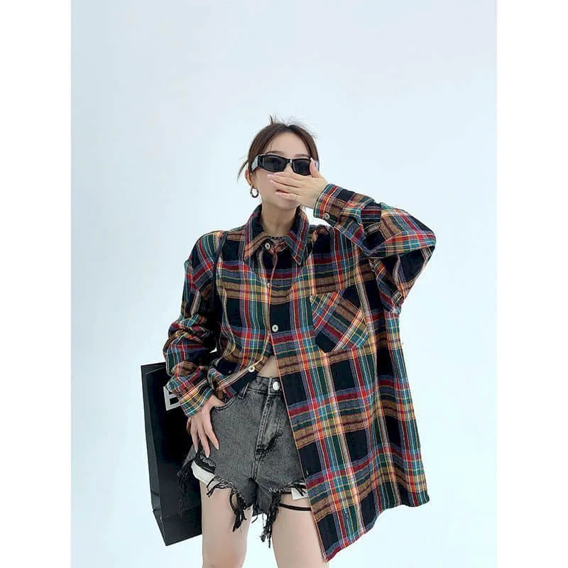 

Shirts for Women Polo-neck Oversized Plaid Cardigan Long Sleeve Casual Korean Fashion Autumn Single Breasted Blouse Women Tops