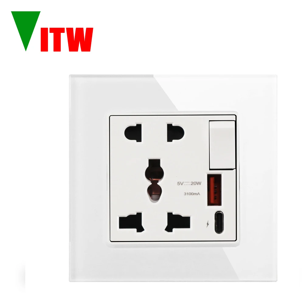 

Vitw Multi-functional 5-hole British standard socket with switch, wall C type USB fast charging 20W power interface, glass panel