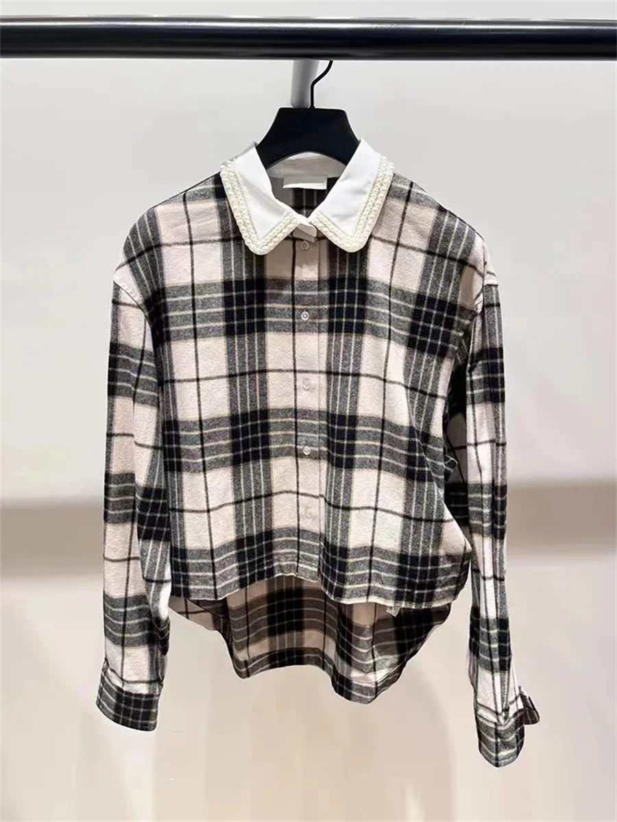 Shirt for Women 2024 New Spring Autumn 100% Cotton Bead Chain Plaid Turn Down Collar Vintage Long Sleeve Blouse