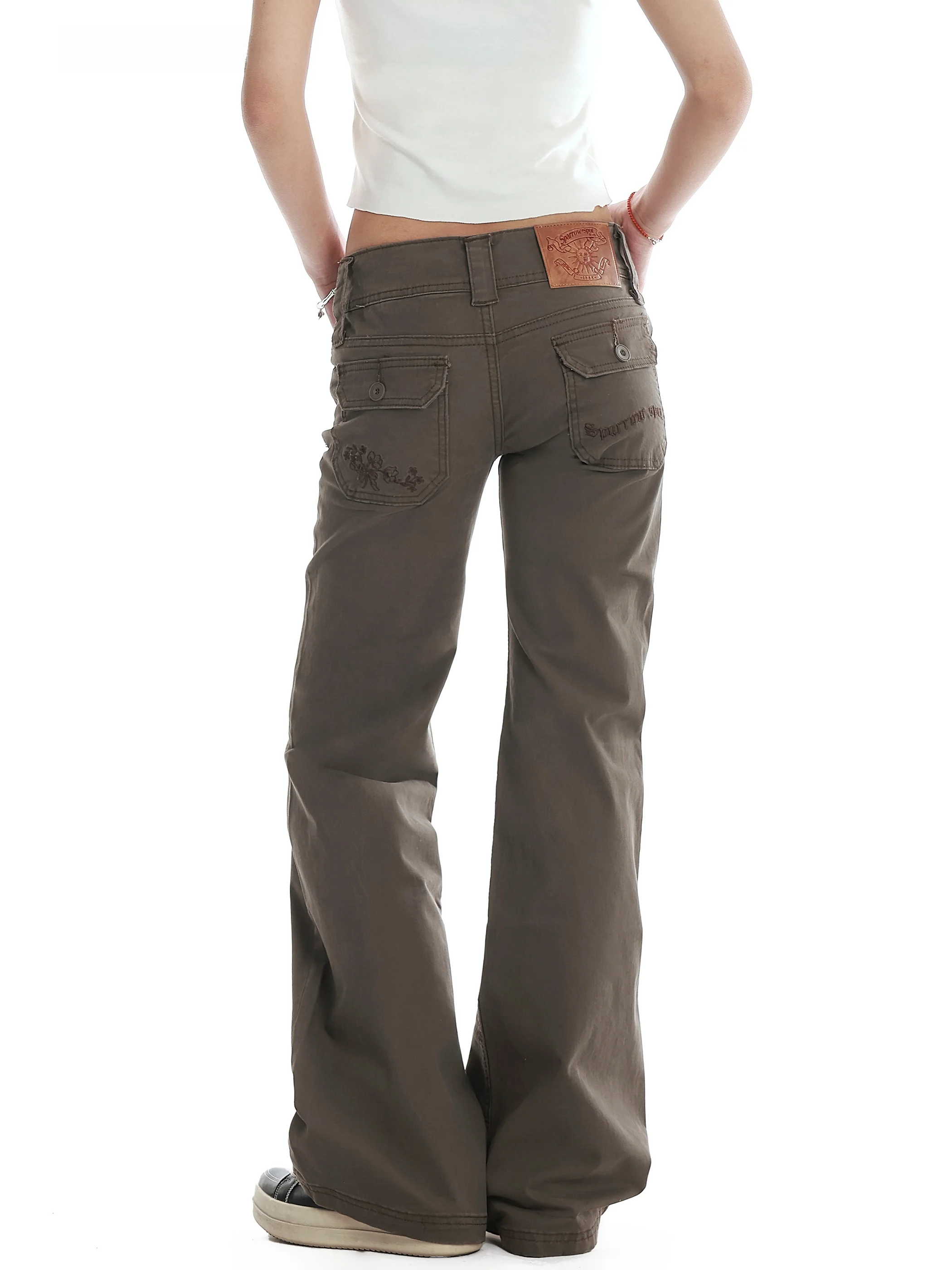 

Американские ретро-брюки цвета хаки для женщин: повседневные, приталенные, с вышивкой, модные, прямые, из смесового хлопка