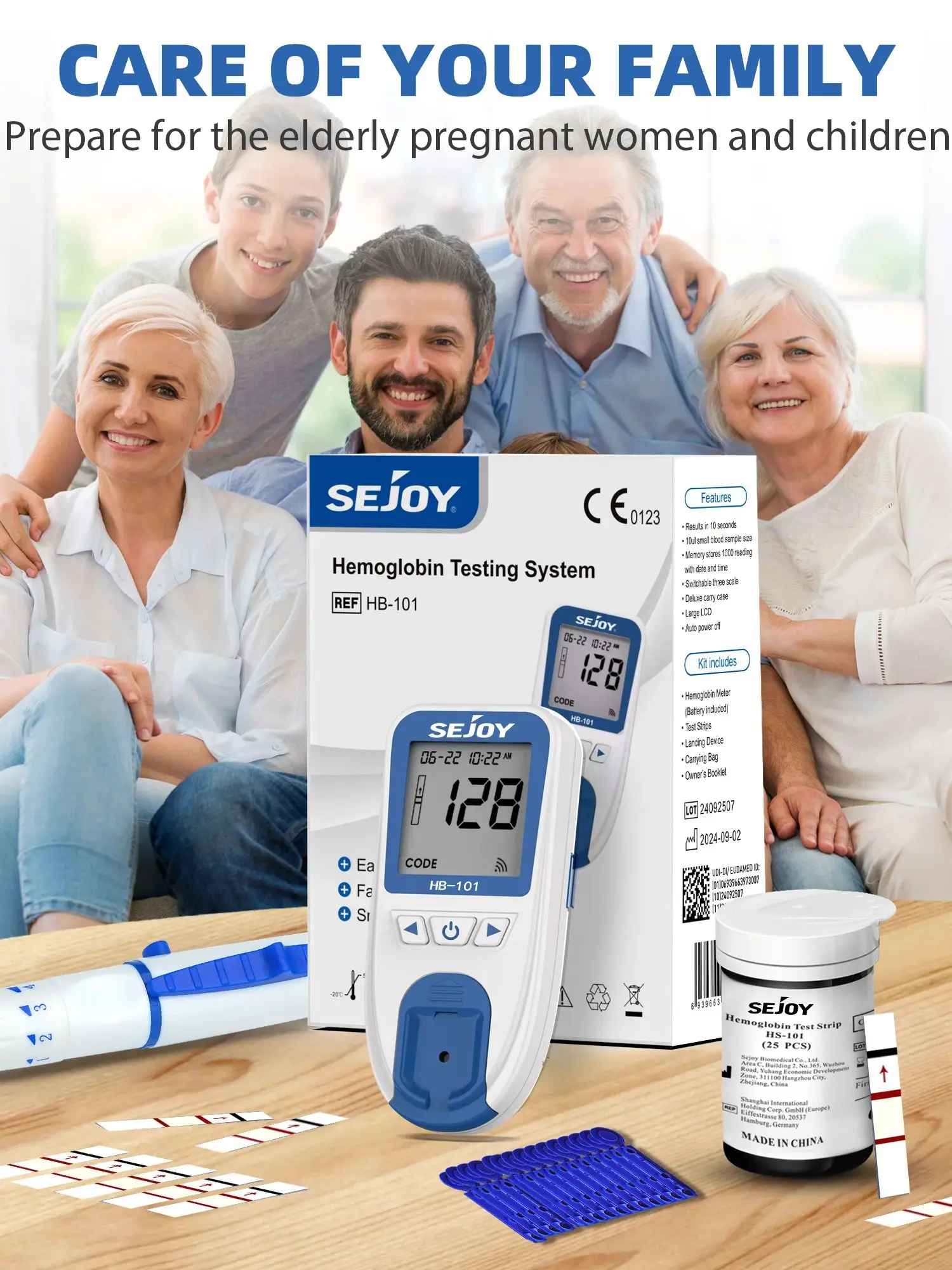 Tragbares Hämoglobin-Messgerät Professioneller Anämie-Tester LCD-Display Blutanalysegerät für Heim- und Klinikgebrauch CE-Zertifiziertes Medizinprodukt, Individuelle Teststreifen Optional