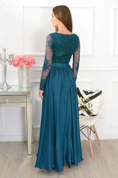 Hunter Green Evening Dress 2024 Long Full Sleeves A Line Lace Applique Sequined Bling Slit Floor Length Prom Party Gowns Elegant