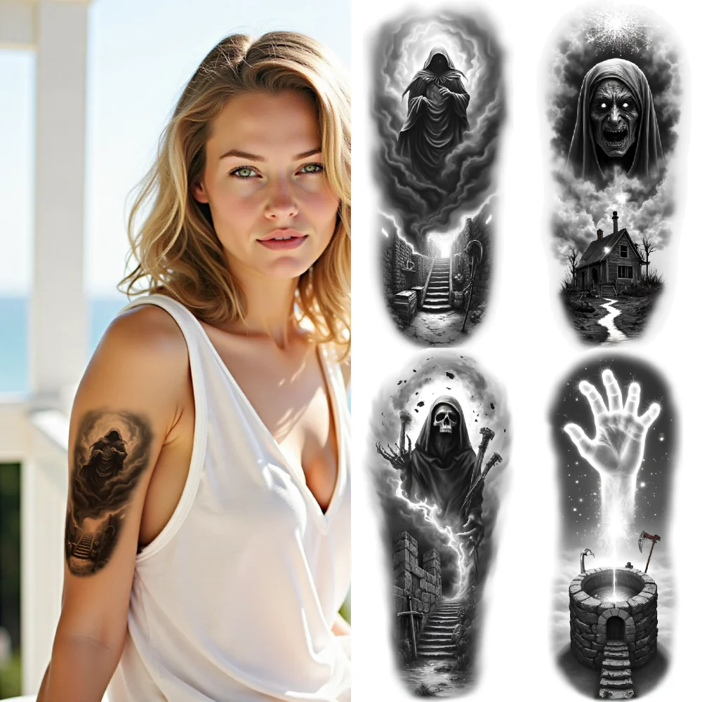 

3pcs Temporary Tattoo Grim Reaper With Scythe Black And Grey Realism Tornado Well With Hand Realistic Temporary Tattoos For