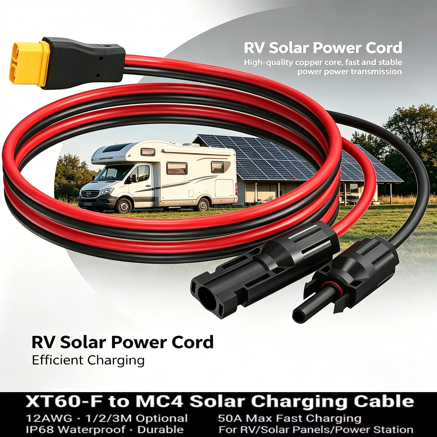 12AWG Solar XT60 Extension Cable 100/200/300cm – IP68 Waterproof Tinned Copper Wire for Solar Panels, RV, Truck, Boat
