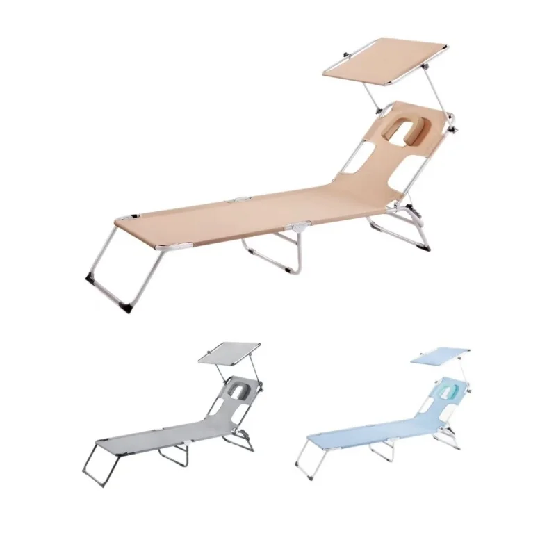 Adjustable Reclining Beach Chair with Canopy Sun-Protected Tanning Lounge Chair with Face Hole for Reading & Sunbathing