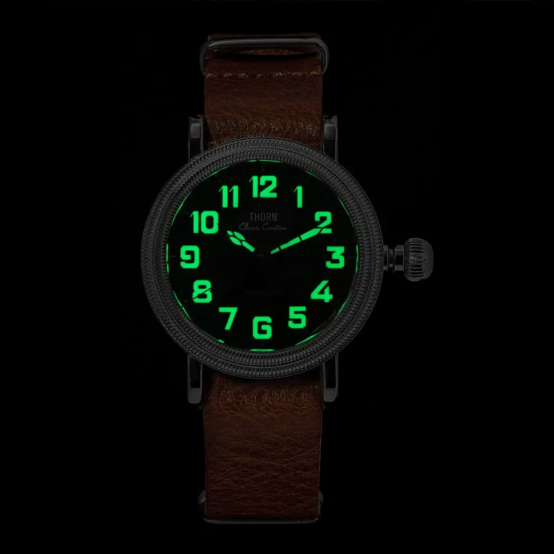 THORN Men's Vintage Pilot Watch 41mm Black Dial Sapphire Coin Bezel PT5000 Automatic Movement 10Bar Water Resistant C3 Lumed