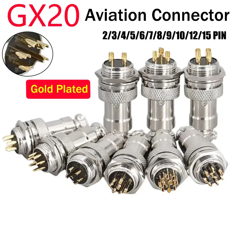 

5/20/100Set GX20 Gold Plated Aviation Plug Socket 2 3 4 5 6 7 8 9 10 12 15 PIN Male Female 20mm Wire Panel Nut Type Connector