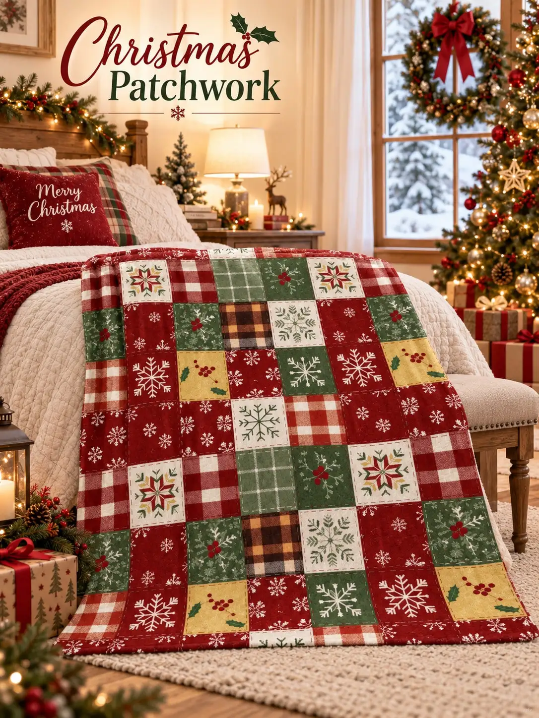 Christmas Flannel Blankets & Throws Plaid Snowflake Holly Square Motif Sofa Couch Bed Nap Blanket Living Room Bedroom Dorm Office Reading Travel Camping Picnic Cabin RV Home Decor Family Friends Holiday Gift Housewarming Birthday Anniversary Present
