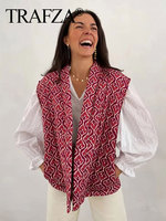 TRAFZA Women Fashion Print Vest Quilted Sleeveless Loose Open Stitch Cardigan Coat Female Chic Casual Street Woman Waistcoat Top
