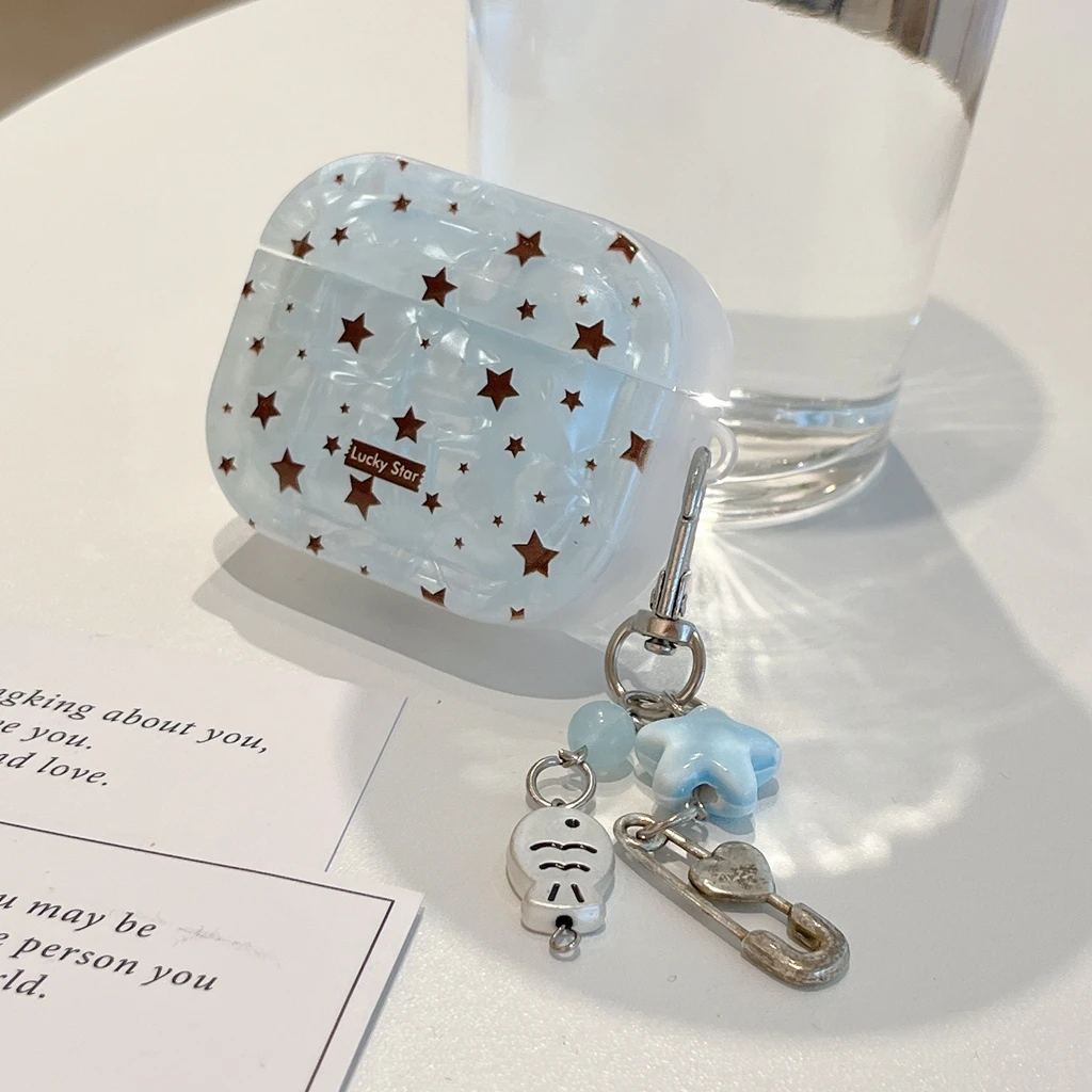 Minimalist Blue Shell Texture Lucky Star Cute Fish Pendant Shock Proof Earphone Cover Case for AirPods 1 or 2 3 4 5 Pro 2 Pro 3