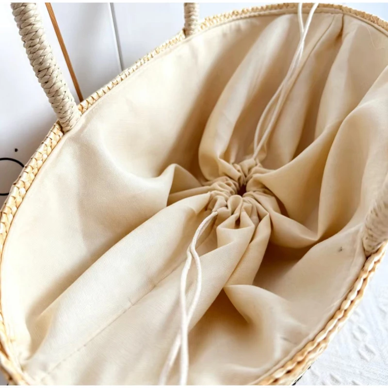 Kokosnuss-Stickerei Strohgewebte Strandtasche, Große Kirsch-Tragetasche, Damen Sommer Casual Urlaubstasche mit Schriftzug – Detail 2