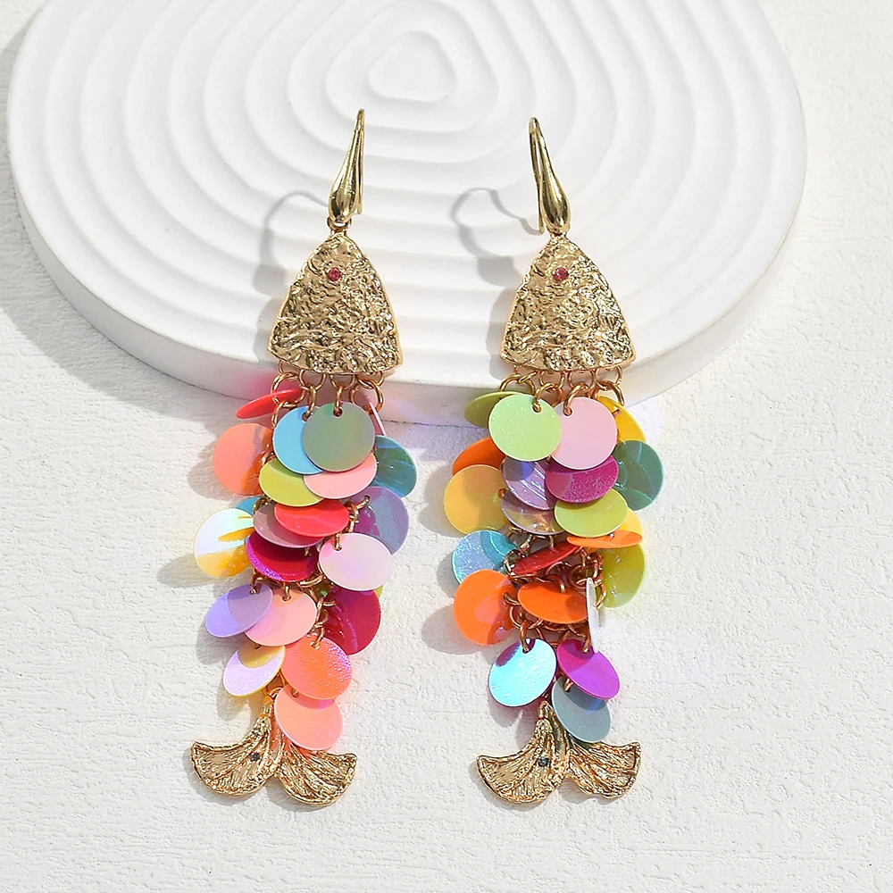 Vintage Colorful Shell Fish-shaped Tassel Drop Earrings for Woman Creative Handmade Fish Scale Long Dangle Earrings Jewelry