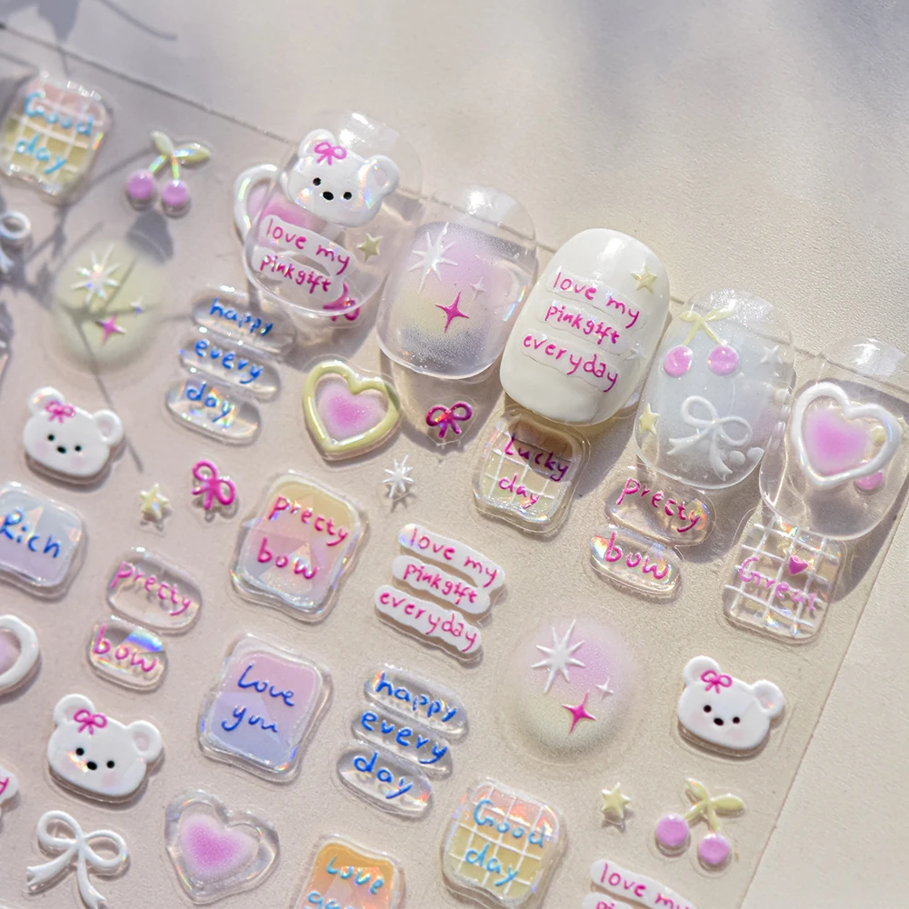 Jelly Pink Cartoon Tier Welpe Hund Liebe Herz Schleife 5D Nail Art Aufkleber Kirsche Stern Reichhaltiges Rosa Selbstklebender Maniküre Aufkleber