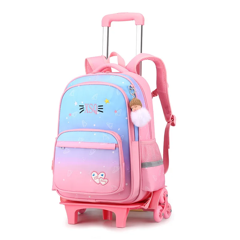 Backpack with Doll pendant for Girls Children School Bag with Wheels Trolley Backpack Cute Schoolbag Rolling Wheeled Backpacks