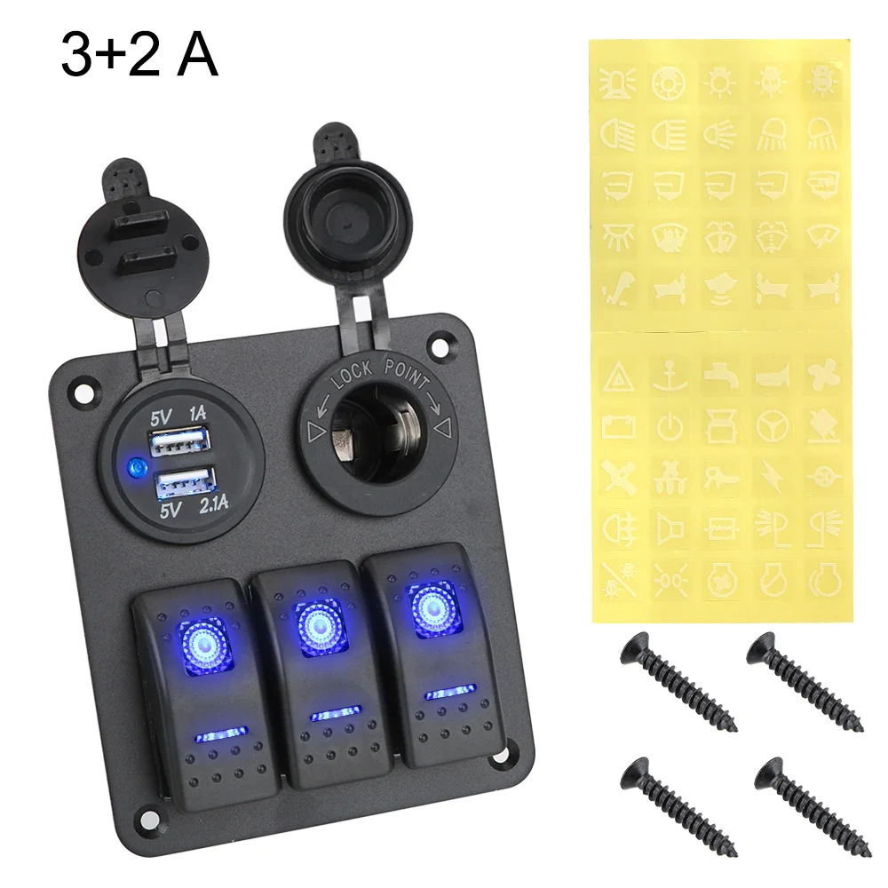 2/3 Gang Boat Car Switch Panel Digital Voltmeter Dual USB Port Outlet Combination Waterproof