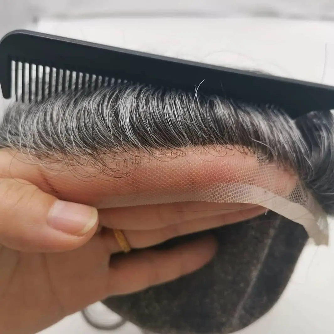Q6 Swiss Lace & Pu Base Man Wig pemutih Unit sistem simpul Remy rambut palsu pria Toupee renda depan Wig rambut pria abu-abu