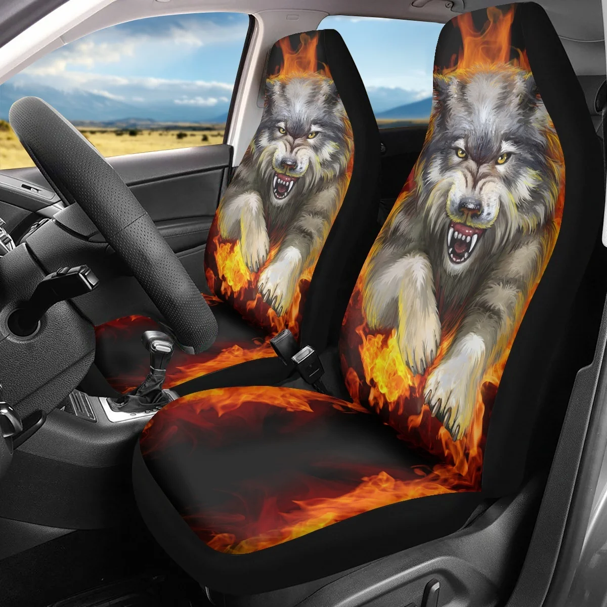 

2Pcs Car Accessories Flame Cartoon Snow Wolf Pattern Car Seat Covers Set Comfort Material Stainless Steel Hook Car Accessories