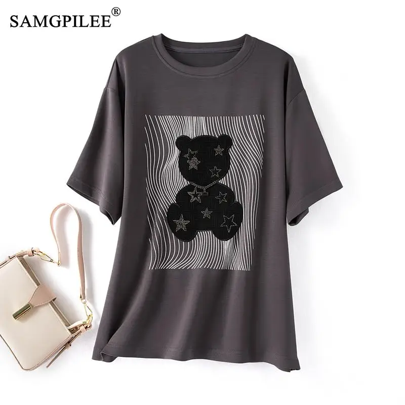 

Cartoon Pattern Oversized T-shirt 2023 New Summer Hot Diamond Sweet Style Y2k Tees Air Cotton Short Sleeve Top Women 4XL