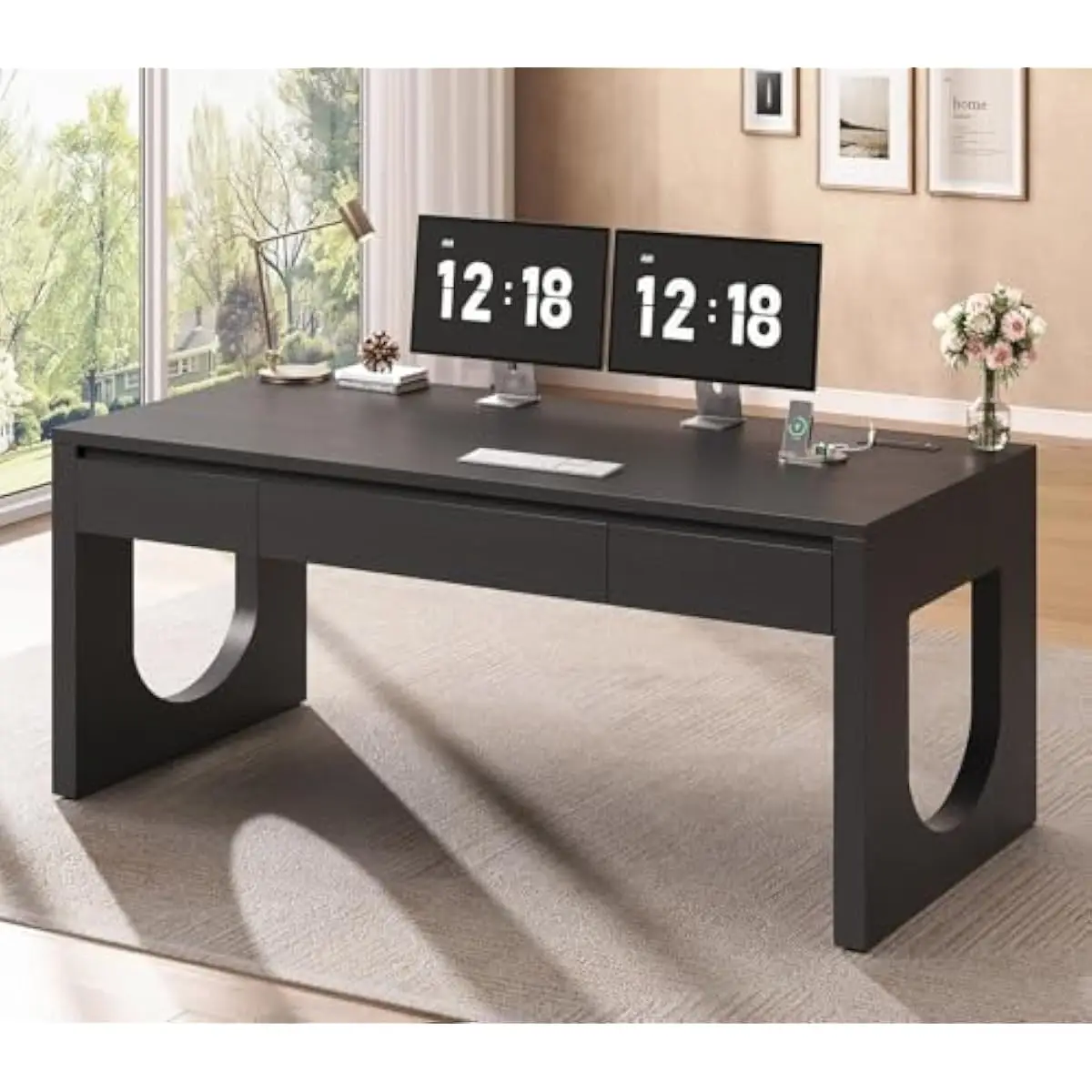 55 inch executive workstation with textured wood grain surface three full extension drawers U shaped steel base integrated 4 out