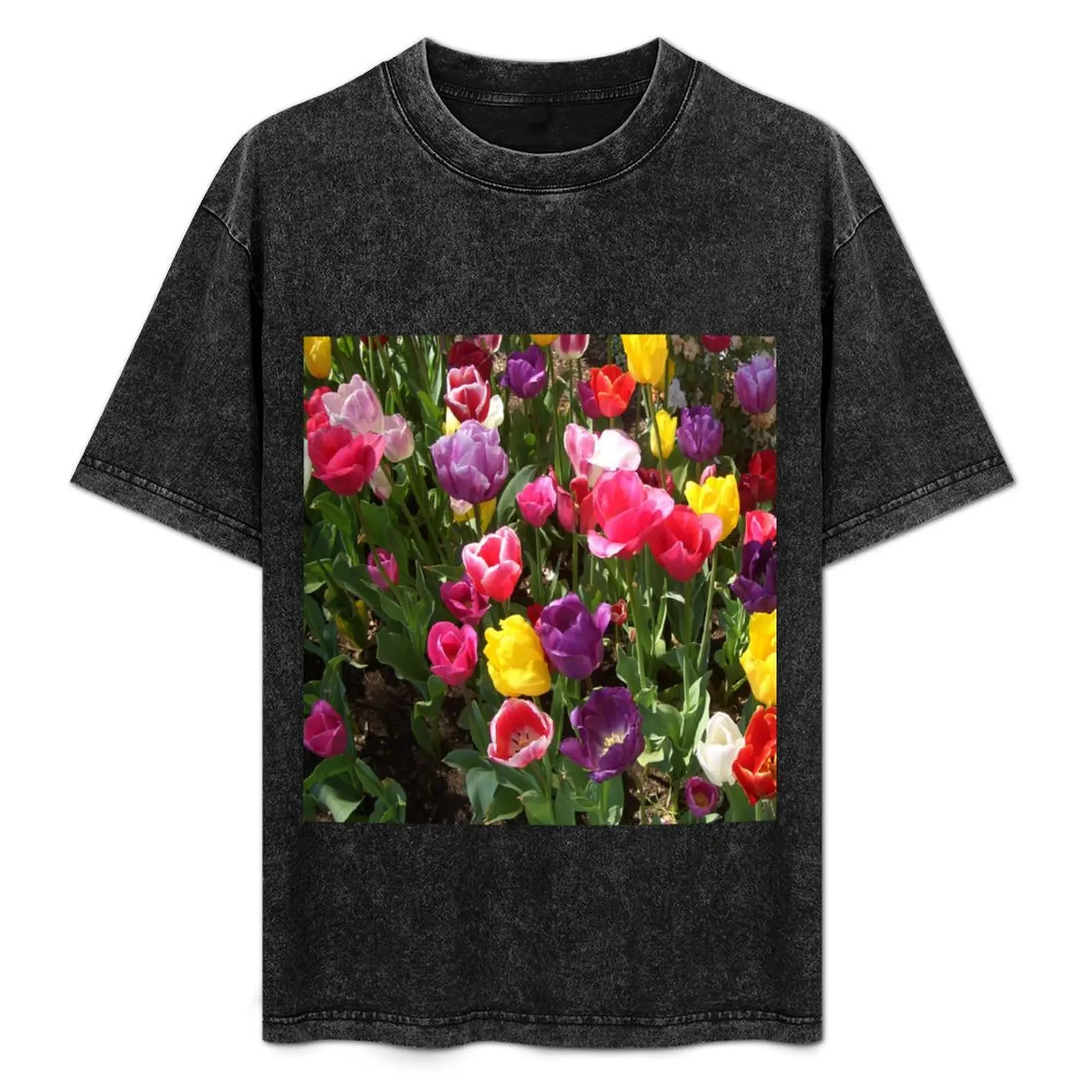 

Tulips in assorted colours with green leaves. T-Shirt Casual Pattern Print Tee Shirt