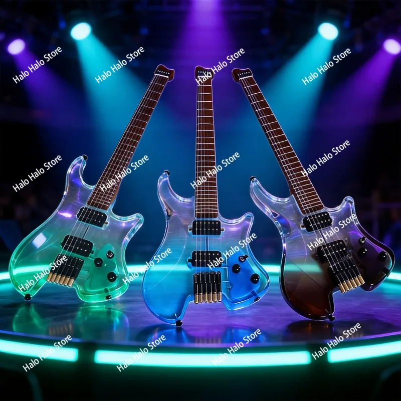 30-inch Headless Acrylic Electric Guitar, Gradient Color, Body with Baked Maple Handle, 24-Fiet Acrylic Guitar, Electric Guitar