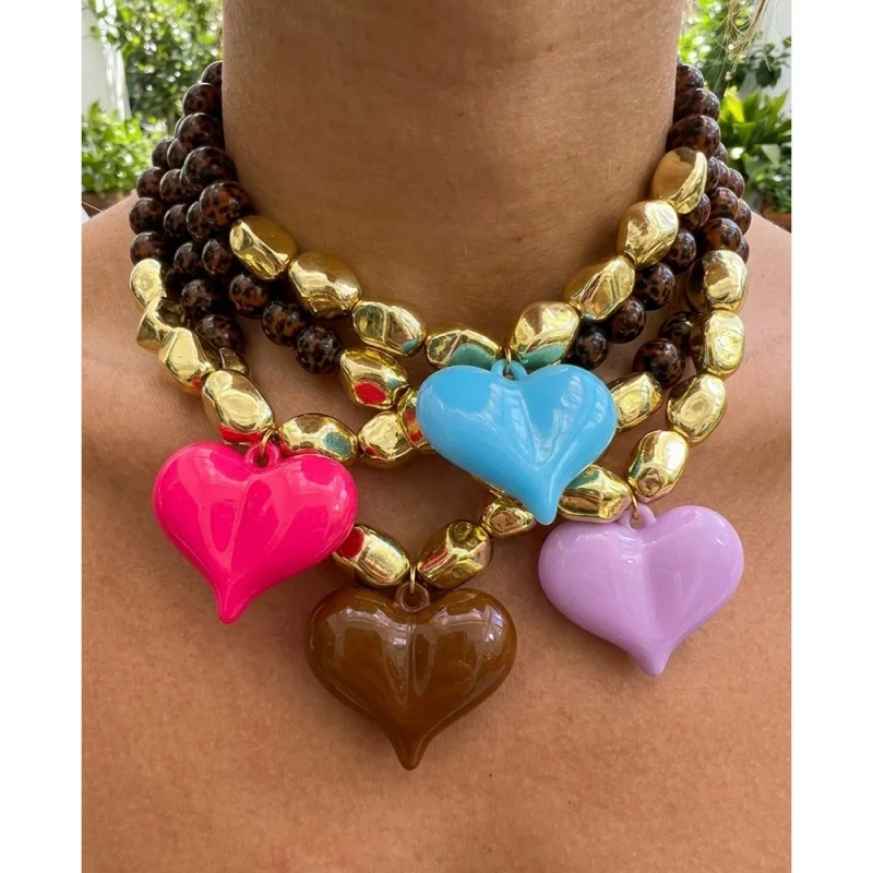 Leopard-Print Beaded Necklace with Irregular Gold Nugget and Large Heart Pendant