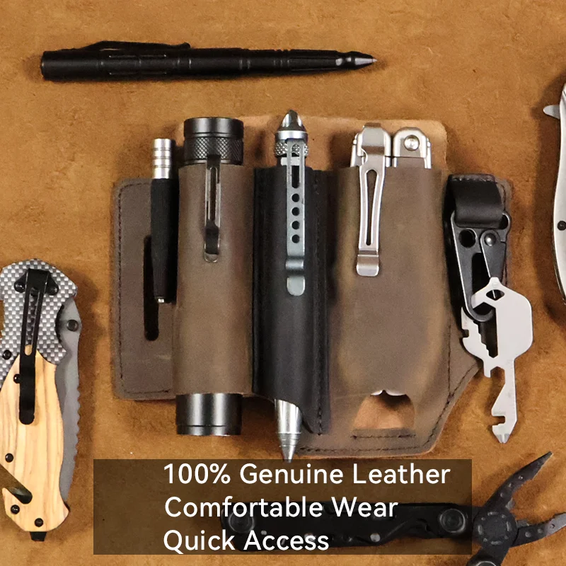 Riyao Mannen Multifunctionele Echt Lederen Schede Organizer Taillepakken Outdoor Tool Holster Edc Zaklamp Opvouwbare Messenzak