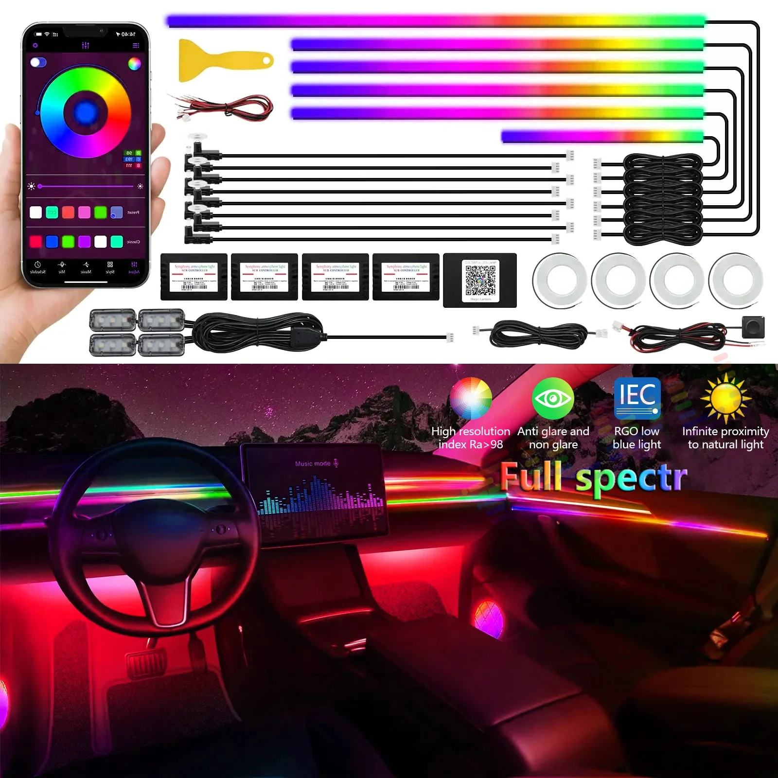 22 In1 Full Color Neon Streamer Car Ambient LED Interior Lights Hidden Acrylic Strip Symphony RGB 64  Universal Atmosphere Lamp