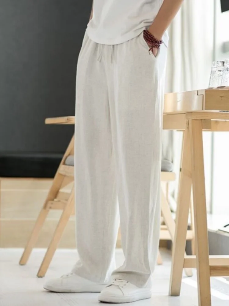 

Мужские летние тонкие свободные брюки из хлопка и льна, прямого кроя, повседневные, драпирующиеся, широкие, дышащие, комфортные, легкие