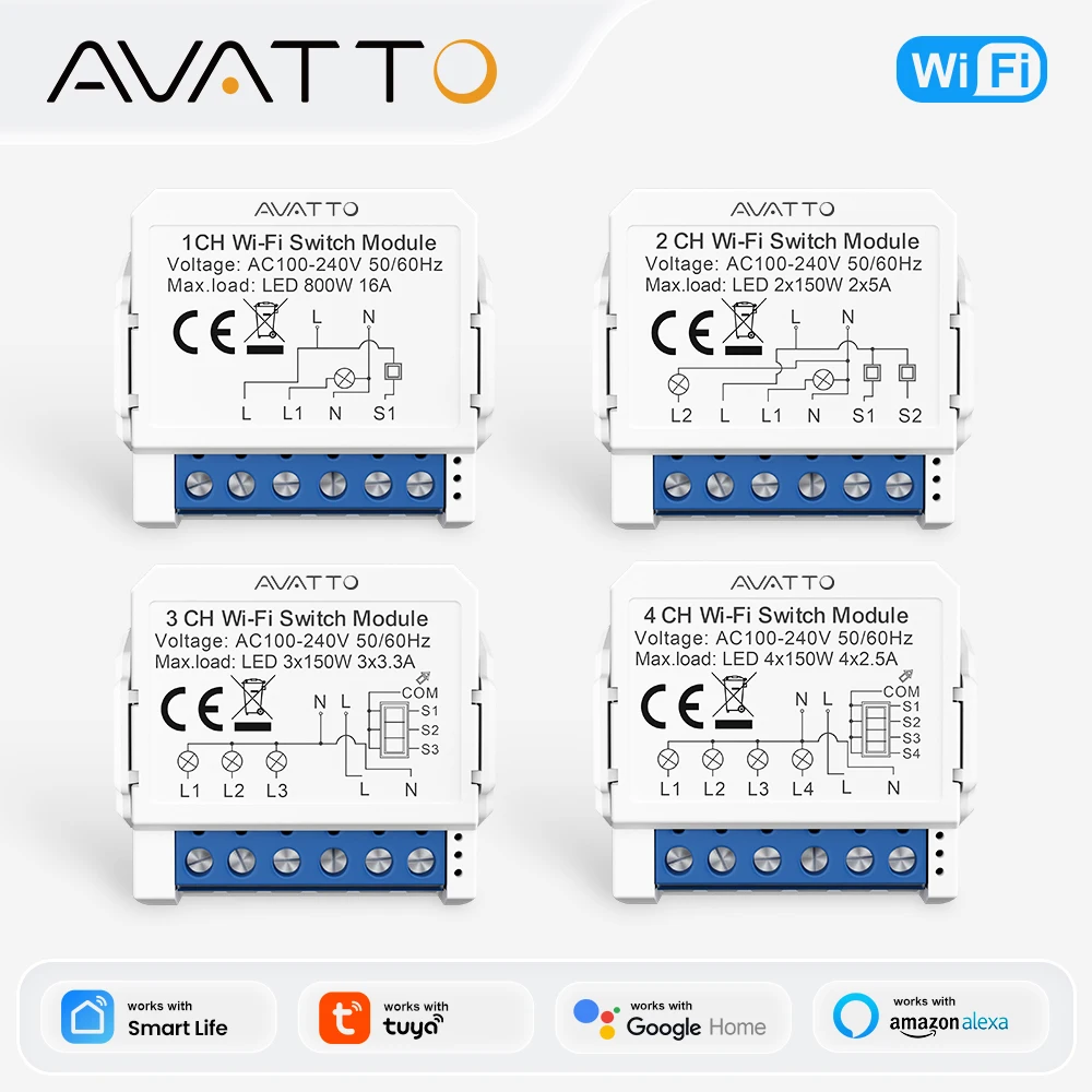 AVATTO WiFi Smart Light Switch Module，1/2/3/4 Gang DIY Breaker Neutral Wire Control Works With Tuya Alexa, Google Home