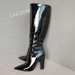 DOHBANER Women Knee High Boots Pointed Toe Thick High Heels Side Zip Boots Shiny Handmade Shoes Woman Big Size 38 40 42 45 47