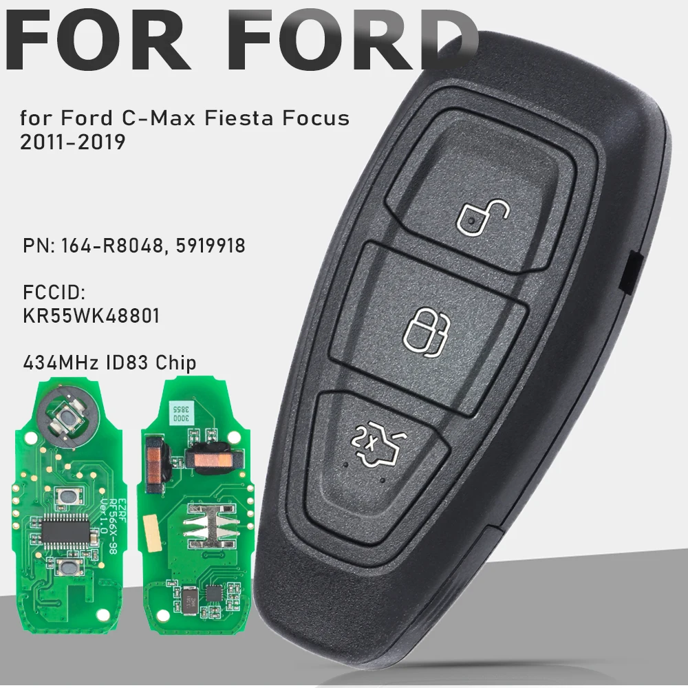 KEYECU for Ford C-Max Fiesta Focus 2011-2019 164-R8048 KR55WK48801 433MHz 4D63 Chip 3B Smart Remote Key Fob