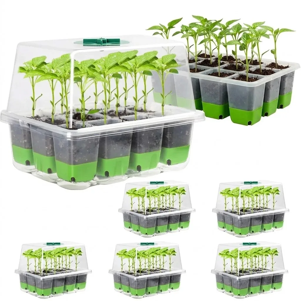 Indoor Garden Greenhouse 12 cell Seedling Starter Tray with Transparent Cover and Adjustable Humidity Optimal Germination Box