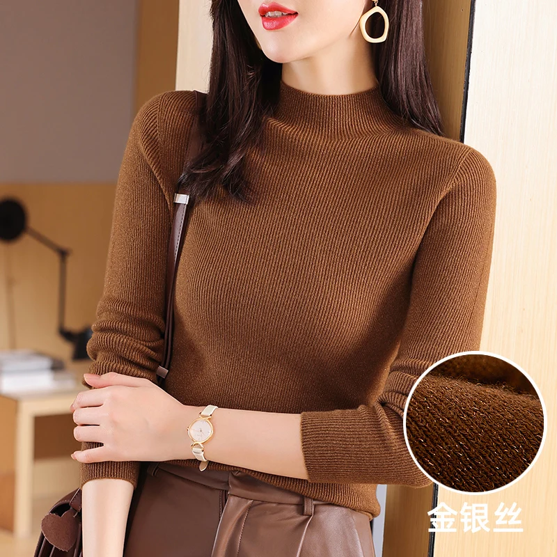 

Top Grade Women Seamless Sweater 100% Sheep Wool Tops Ladies Mock Neck Knitwear Female Slim Pure Wool Basic Knit Clothing