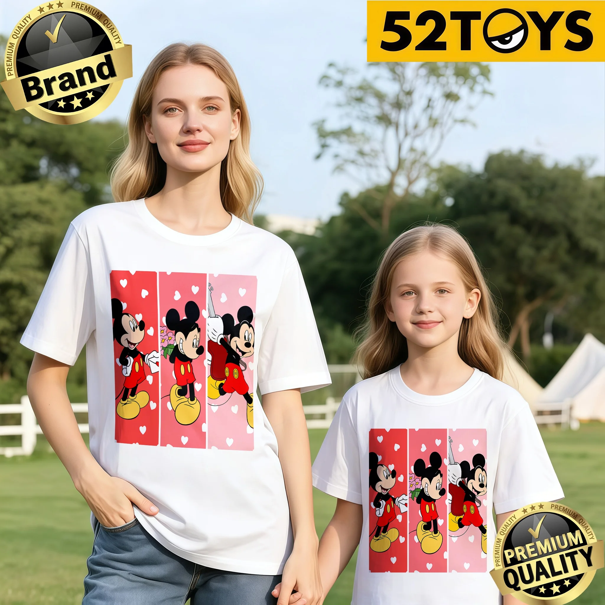 

2026 Summer Children's Family Clothing Pure Cotton T-Shirt, Mickey Mouse Valentine's Day Heart Stripes Top (Single Piece)