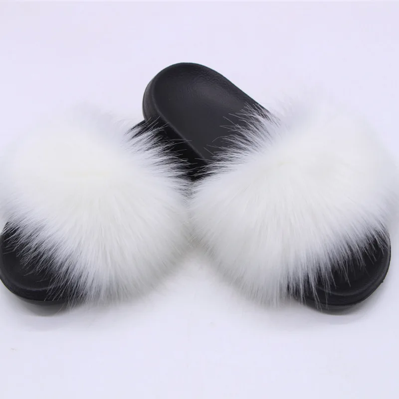 Damen Kunstfell-Slipper Flauschige Offene Pantoffeln für Drinnen und Draußen Lässige Flache Sandalen Luxuriöse Pelzige Slides für Damen – Detail 8