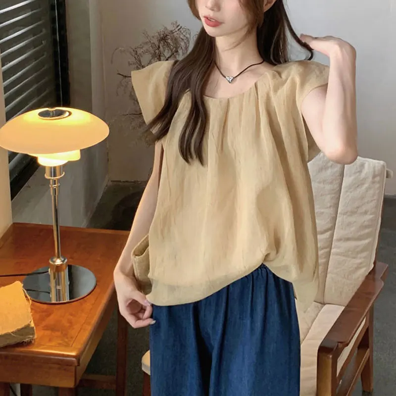 Fashion Vintage Loose Folds Blouse Summer Korean Flying Sleeve Women\'s Clothing Solid Color All-match Casual Round Neck Shirt