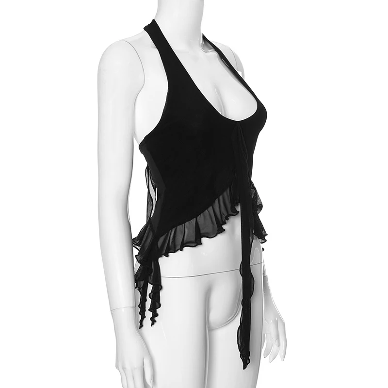 OMSJ Summer Black canotte Sexy senza maniche Hot Girls allacciatura Camis Halter Ruffles nappa Design Chic Open Back Cropped Top gilet