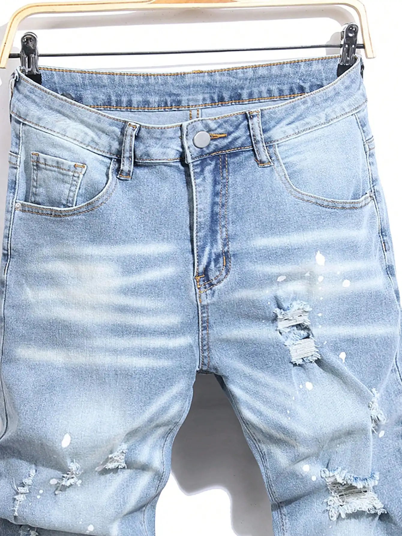Men High Stretch Ripped Denim Jeans Light Wash Splash Paint Denim Pants Slim Fit Holed Streetwear Casual Trousers For Men