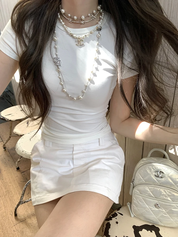 

Универсальная женская футболка Aisui с круглым вырезом и коротким рукавом, приталенная, летняя, модная, базовая, с круглым вырезом горловины