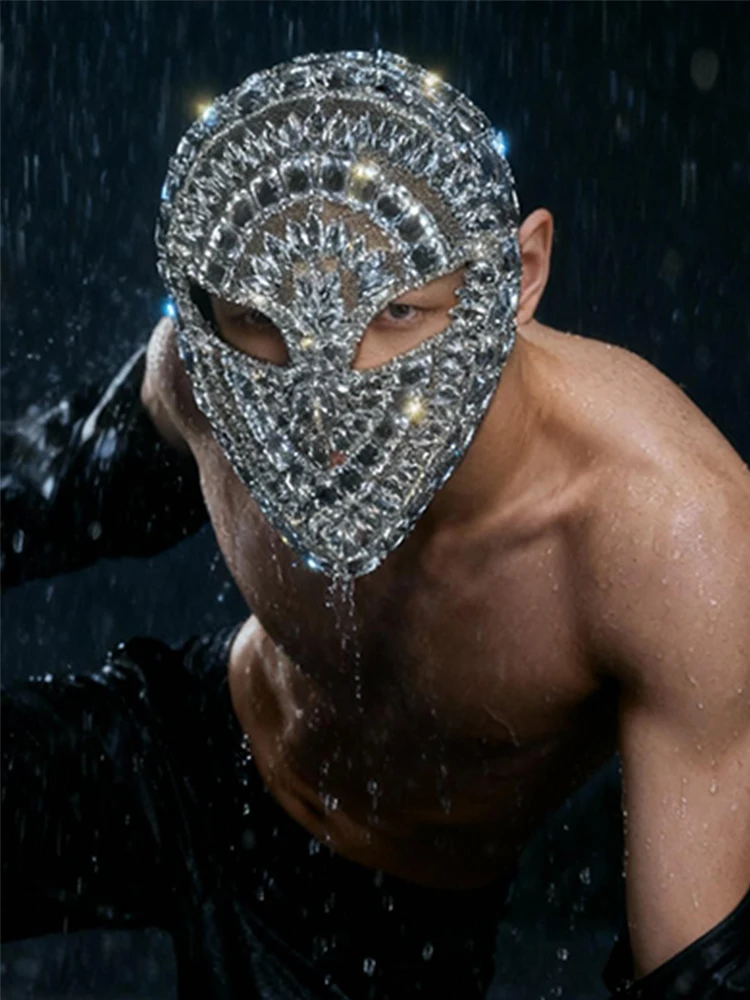 

Design Shiny Party Rhinestone man Mask Christmas Nightclub DJ Singer Crystal Decoration Stage Accessories Performance Adornment