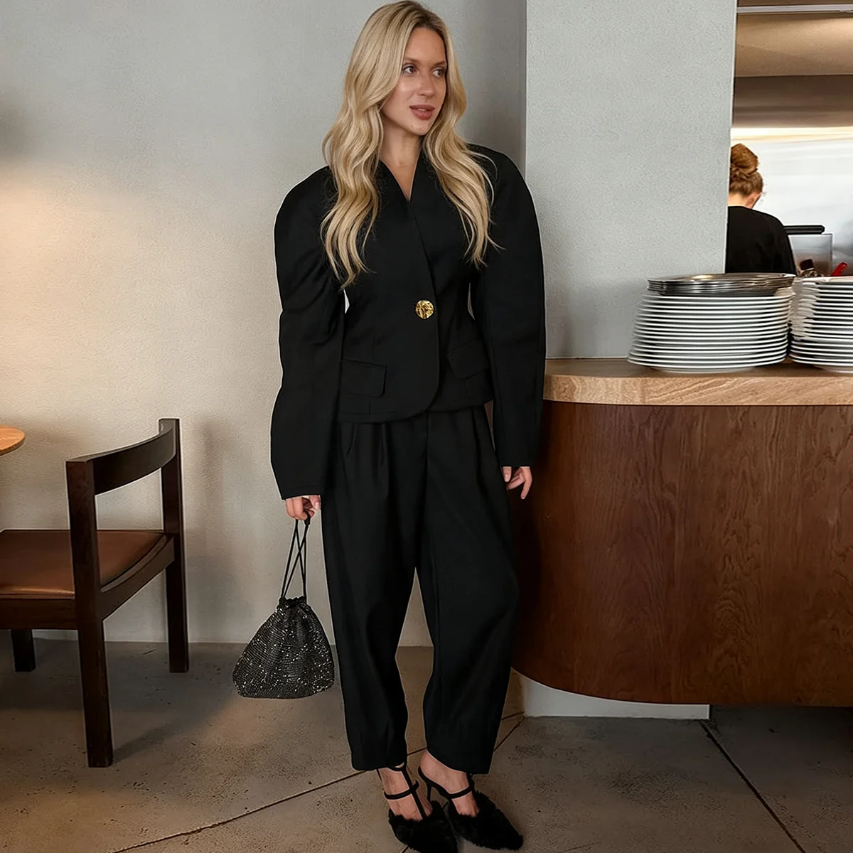 

Black Puff-Sleeve Blazer & Trousers Set Single Gold Button Pleated Jogger Pants Elegant Women’s Formal Office Two-Piece Outfit
